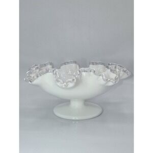 Fenton Silver Crest Milk Glass Ruffled Edged Footed Compote Bowl 8-1/4"